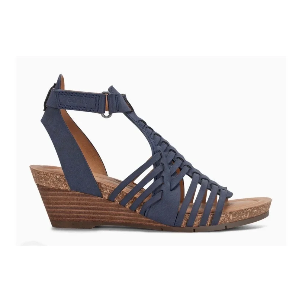 EARTH Hattie Wedge Sandals Womens 7.5 Blue Gladiator Strappy Fisherman Open Toe